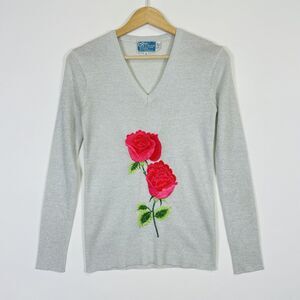 LeRoy Knitwear Vintage Silver Rose Embroidered‎ Grannycore Sweater Womens Small